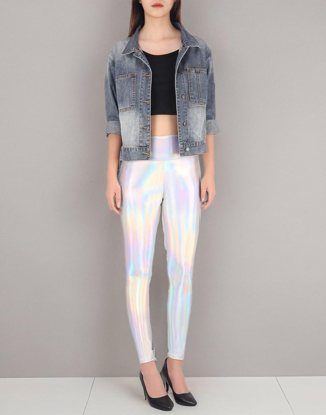image:imageHDE Womens Shiny Leggings Liquid Pants Iridescent TightsHolographic