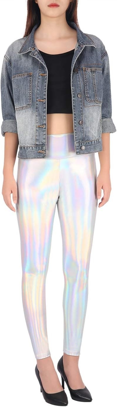 image:imageHDE Womens Shiny Leggings Liquid Pants Iridescent TightsHolographic