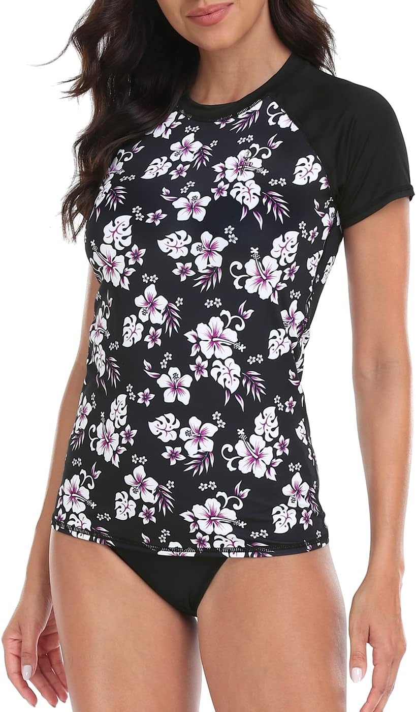 image:imageLRD Womens Short Sleeve Rash Guard Shirts UPF 50 Quick Dry Active Swim ShirtBlack Aloha