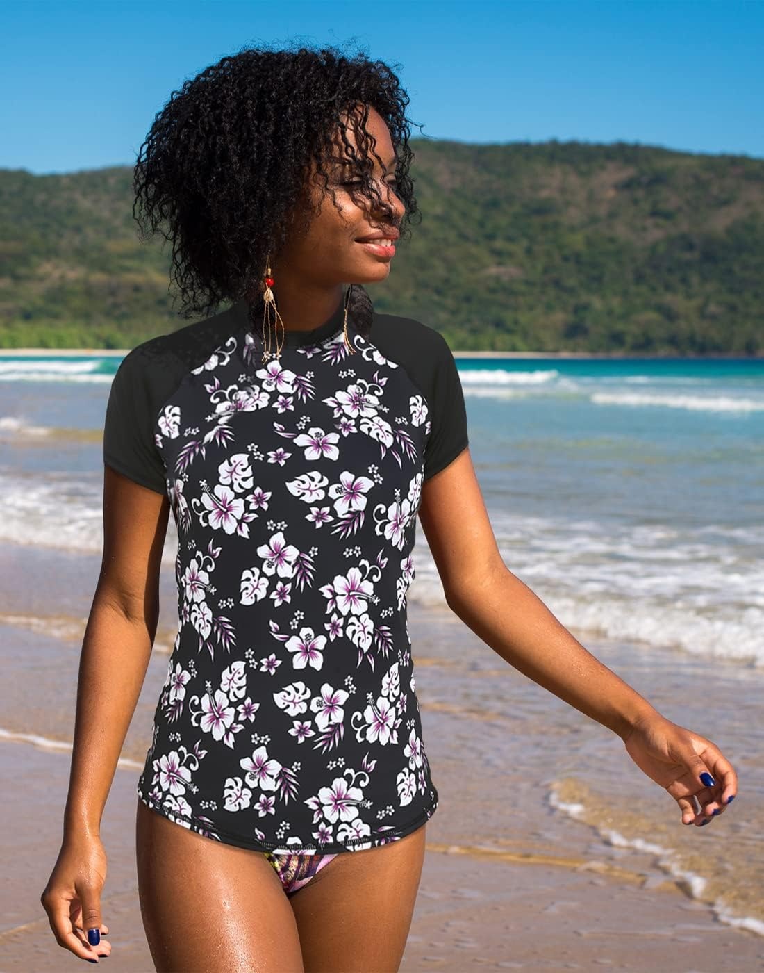 image:imageLRD Womens Short Sleeve Rash Guard Shirts UPF 50 Quick Dry Active Swim ShirtBlack Aloha