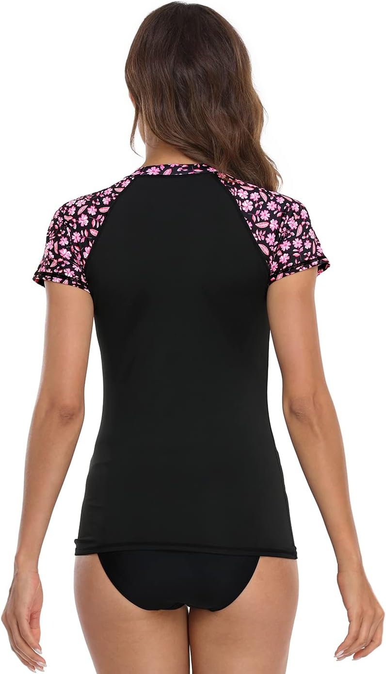 image:imageLRD Womens Short Sleeve Rash Guard Shirts UPF 50 Quick Dry Active Swim ShirtBlack Hibiscus