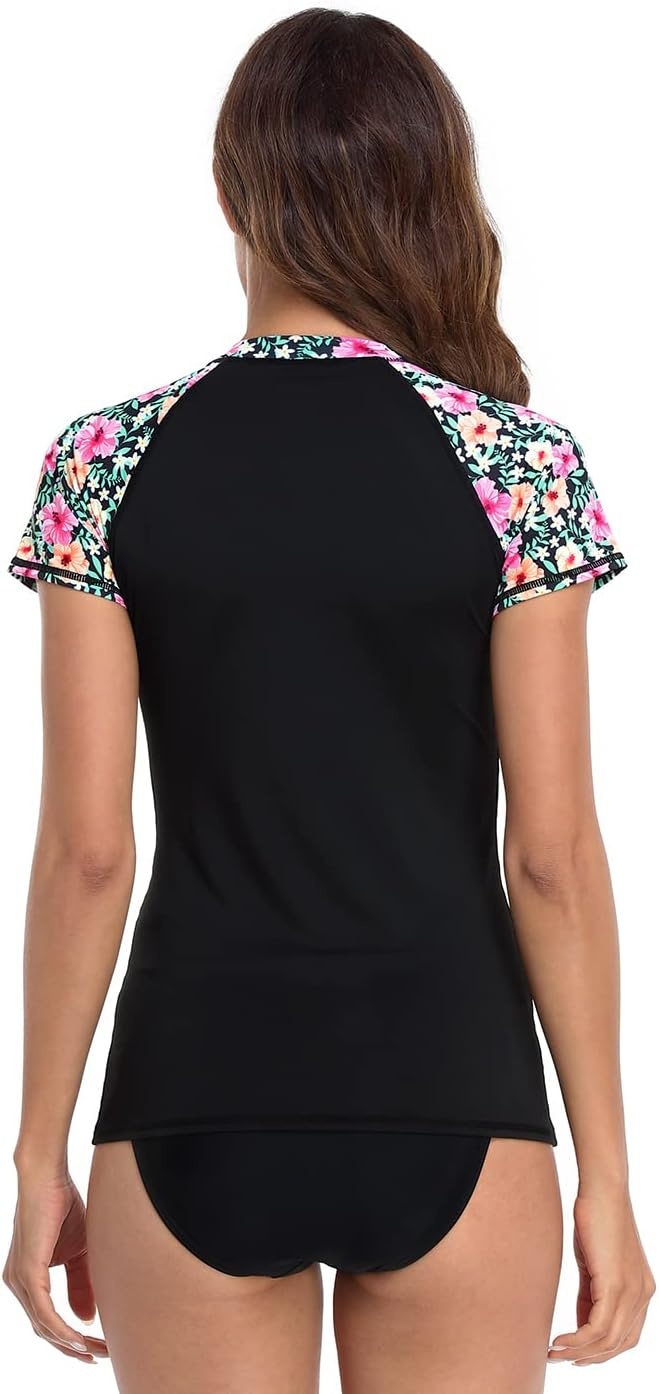 image:imageLRD Womens Short Sleeve Rash Guard Shirts UPF 50 Quick Dry Active Swim ShirtBlack Tropical