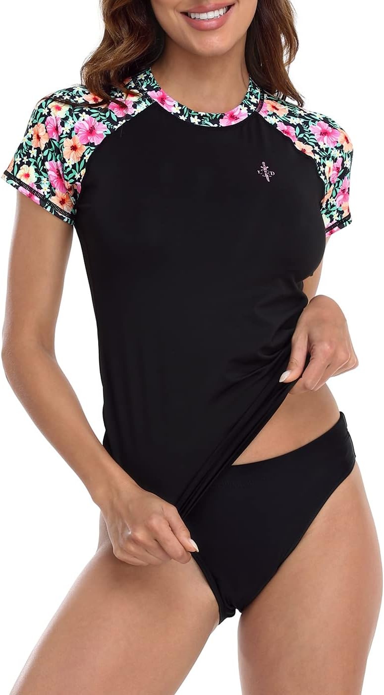 image:imageLRD Womens Short Sleeve Rash Guard Shirts UPF 50 Quick Dry Active Swim ShirtBlack Tropical
