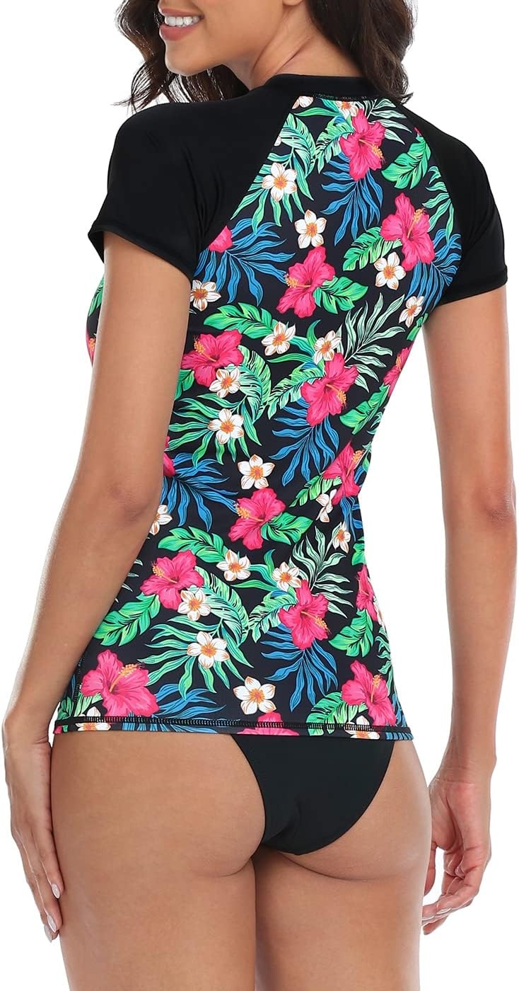 image:imageLRD Womens Short Sleeve Rash Guard Shirts UPF 50 Quick Dry Active Swim ShirtBlack Tropical Floral