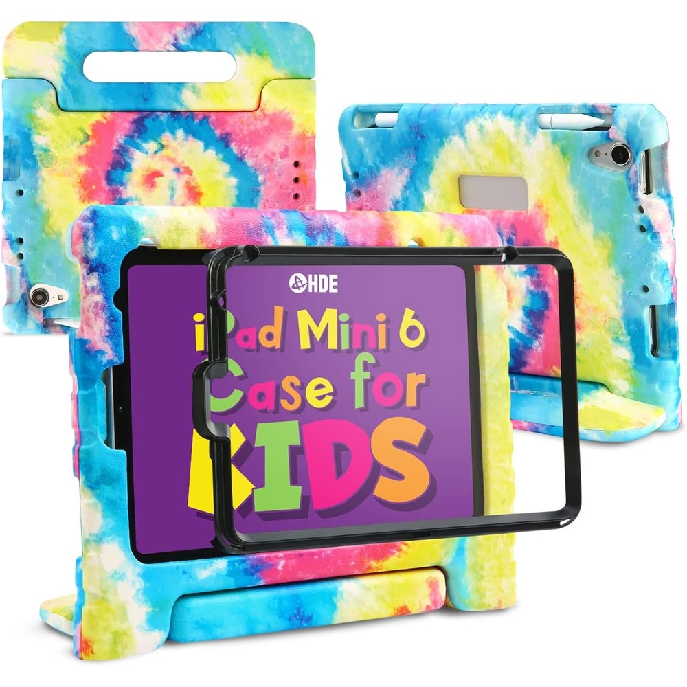 image:imageHDE Case for iPad mini 6 Kids Shock Proof Cover with Builtin Screen Protector Handle Stand for iPad 6th Generation Mini 2021 83 Inch BlueTie Dye