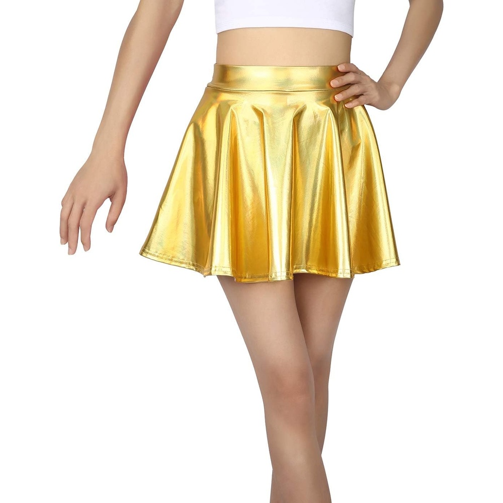 image:imageHDE Girls Metallic Skater Skort Dance Athletic Shiny Holographic Scooter SkirtGold