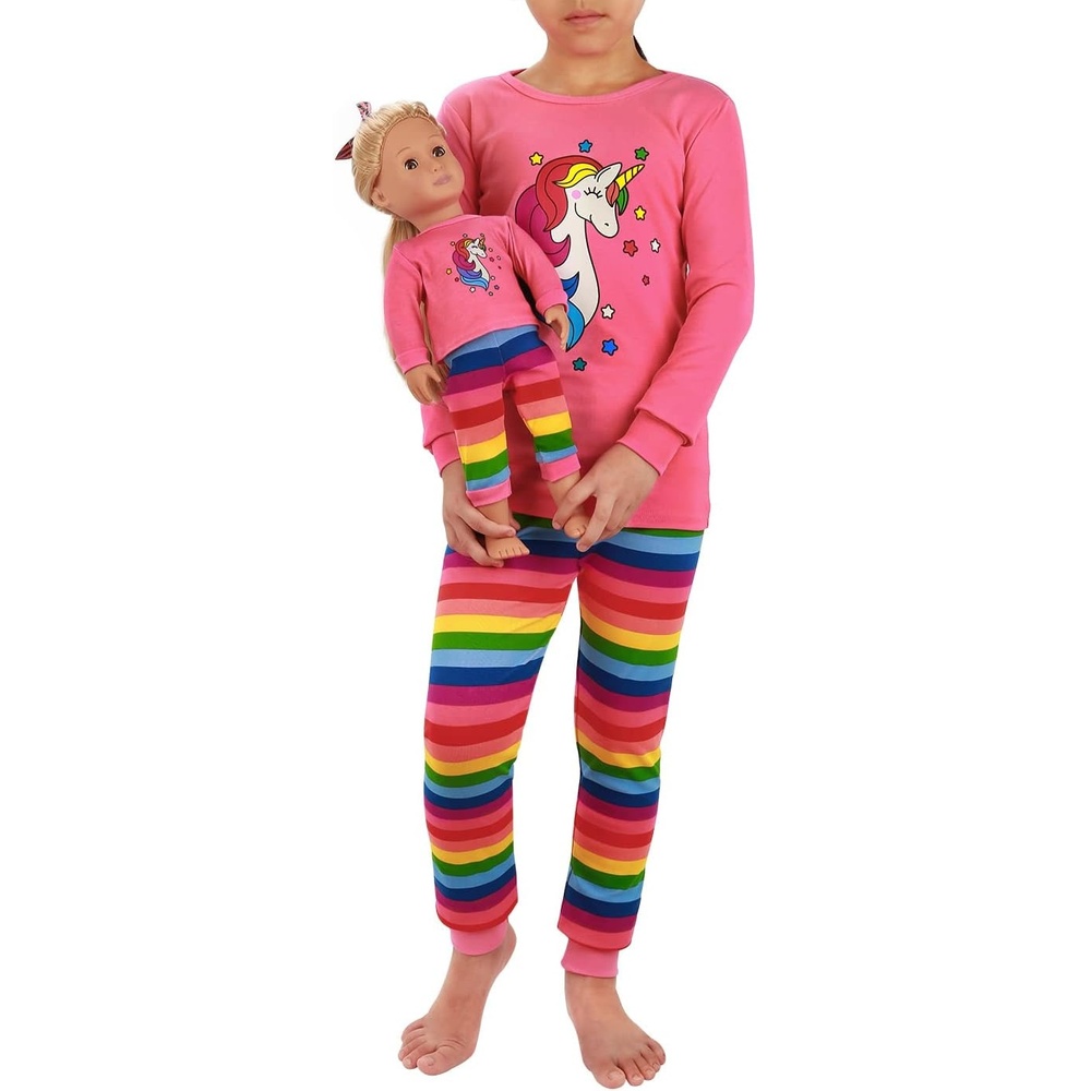 image:imageHDE Girls Unicorn Pajamas with Matching Doll Outfit Cotton Pajama Set for GirlsPink Rainbow UnicornLong