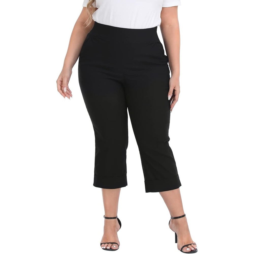 image:imageHDE Plus Size Pull On Capri Pants for Women with Pockets Elastic Waist Commuter Travel Casual Work Cropped Pants with CuffBlack
