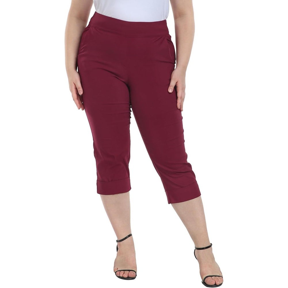 image:imageHDE Plus Size Pull On Capri Pants for Women with Pockets Elastic Waist Commuter Travel Casual Work Cropped Pants with CuffBurgundy
