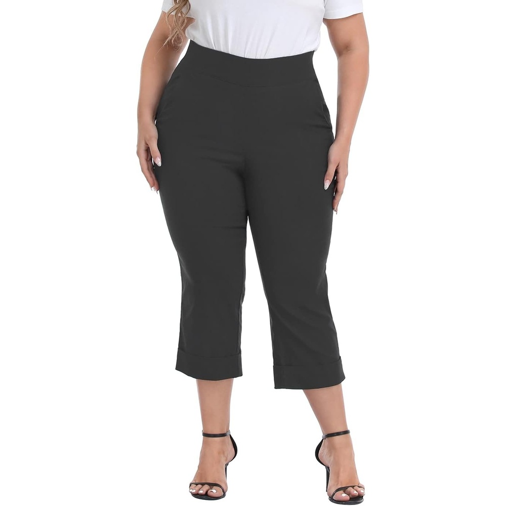 image:imageHDE Plus Size Pull On Capri Pants for Women with Pockets Elastic Waist Commuter Travel Casual Work Cropped Pants with CuffCharcoal