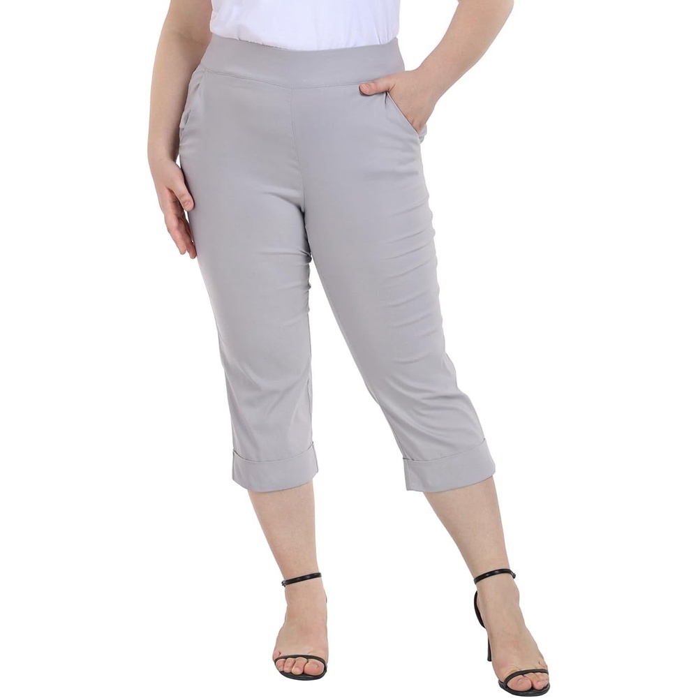 image:imageHDE Plus Size Pull On Capri Pants for Women with Pockets Elastic Waist Commuter Travel Casual Work Cropped Pants with CuffCool Gray