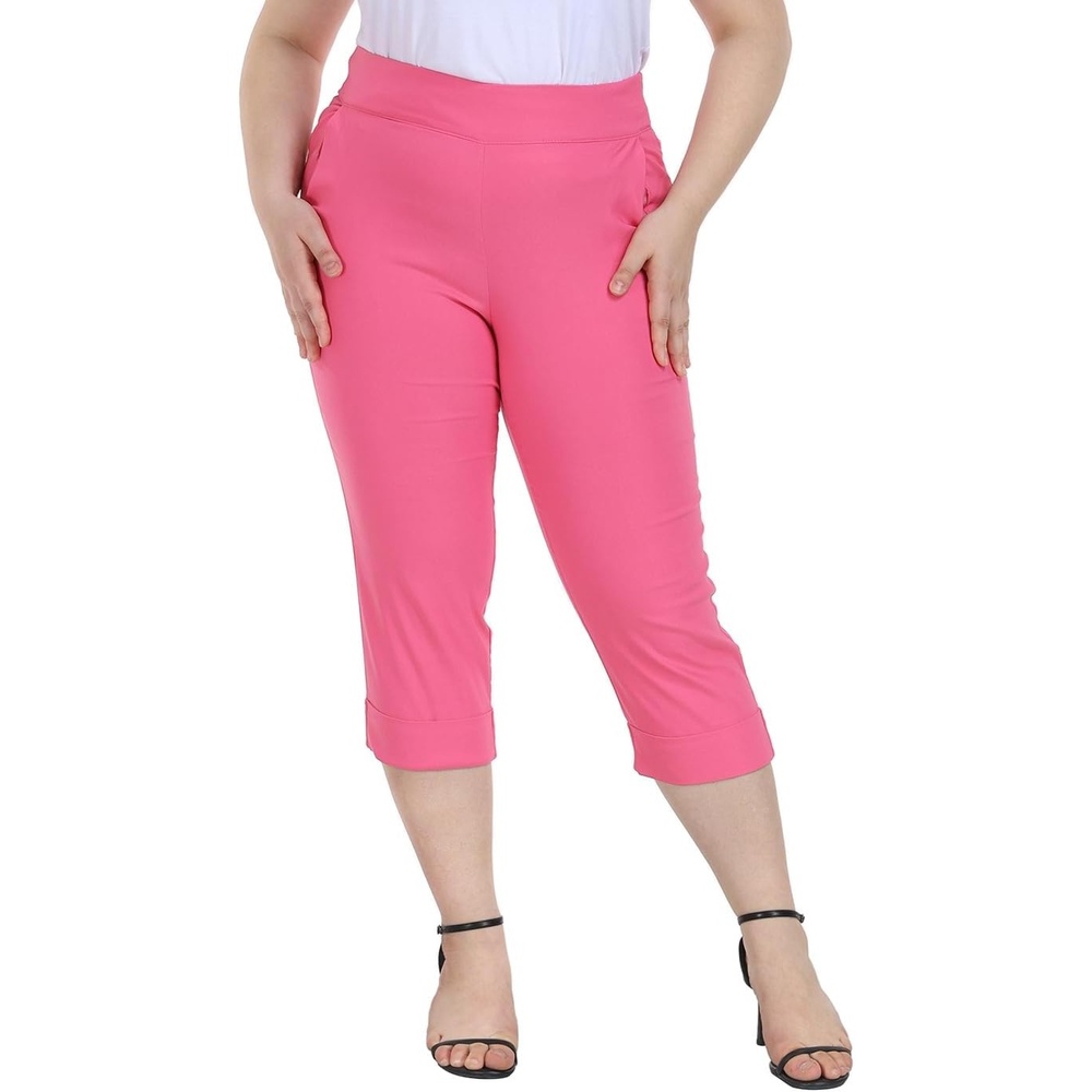 image:imageHDE Plus Size Pull On Capri Pants for Women with Pockets Elastic Waist Commuter Travel Casual Work Cropped Pants with CuffHot Pink