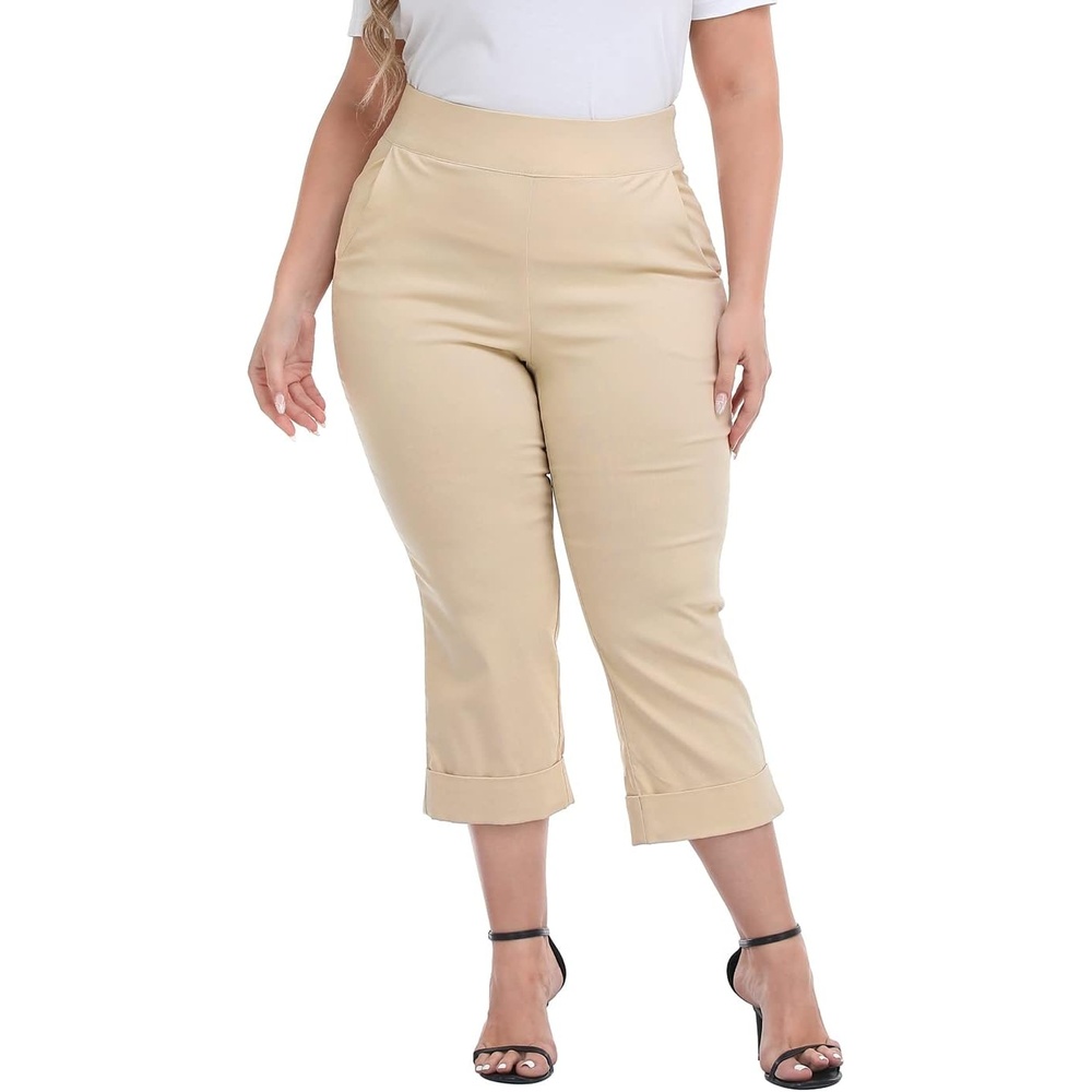 image:imageHDE Plus Size Pull On Capri Pants for Women with Pockets Elastic Waist Commuter Travel Casual Work Cropped Pants with CuffKhaki