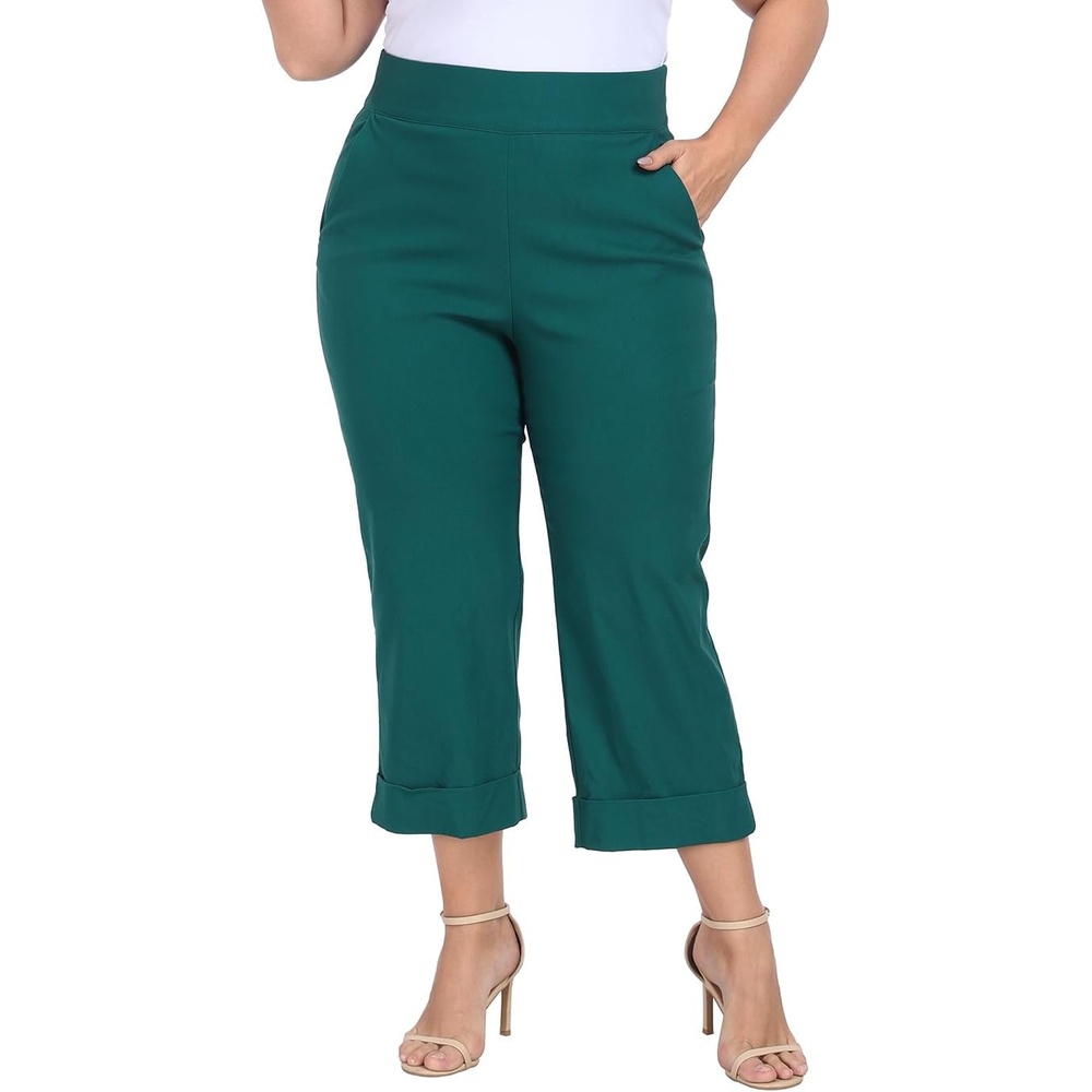 image:imageHDE Plus Size Pull On Capri Pants for Women with Pockets Elastic Waist Commuter Travel Casual Work Cropped Pants with CuffTeal