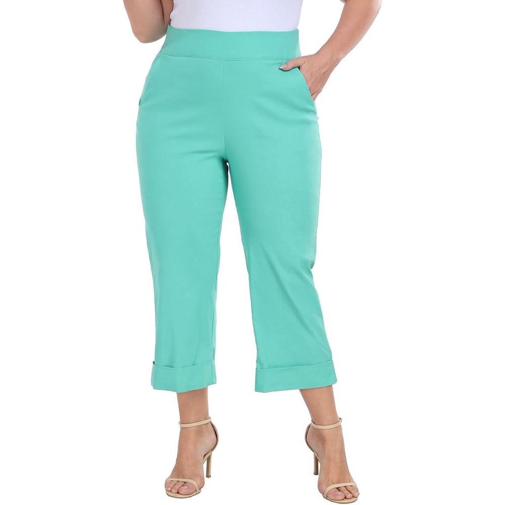 image:imageHDE Plus Size Pull On Capri Pants for Women with Pockets Elastic Waist Commuter Travel Casual Work Cropped Pants with CuffTurquoise