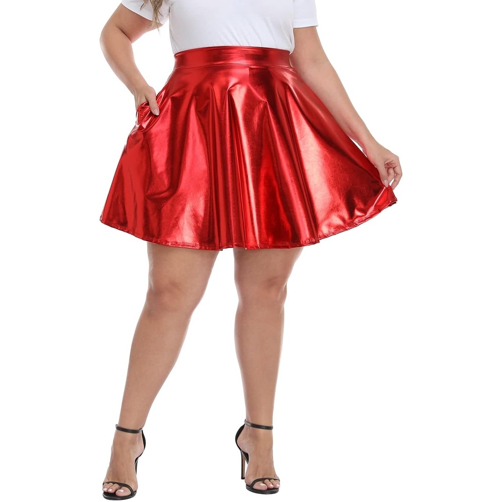 image:imageHDE Plus Size Shiny Skater Skirt High Waisted Pleated SkirtRed