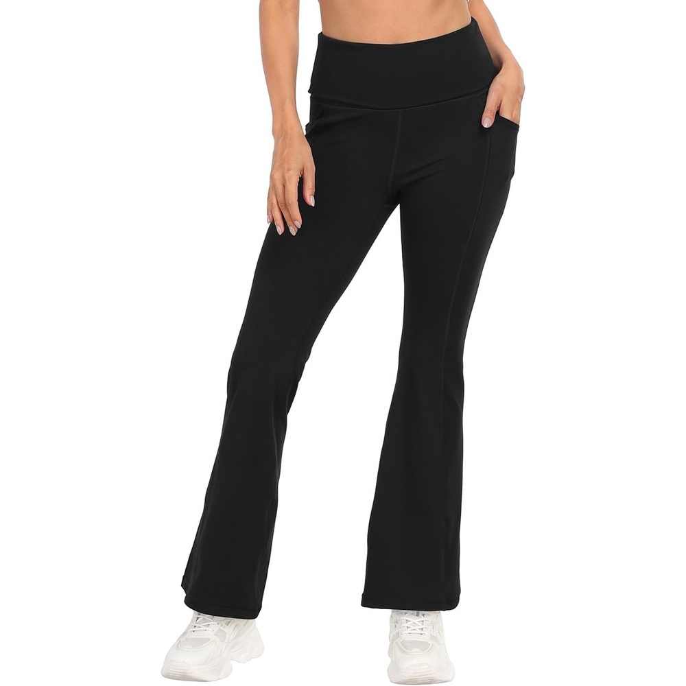 image:imageHDE Womens Fold Over Yoga Pants with Pockets High Waist Flare Workout LeggingsBlack