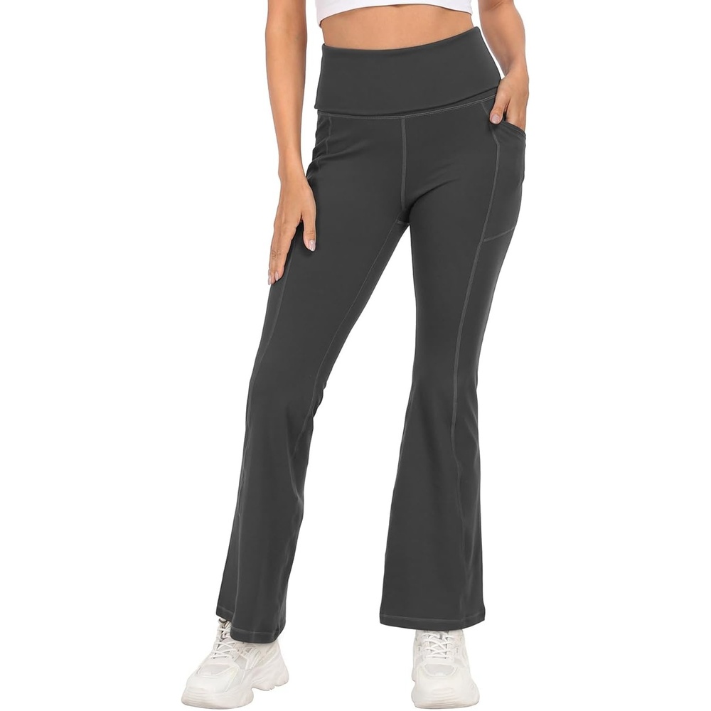 image:imageHDE Womens Fold Over Yoga Pants with Pockets High Waist Flare Workout LeggingsCharcoal Gray