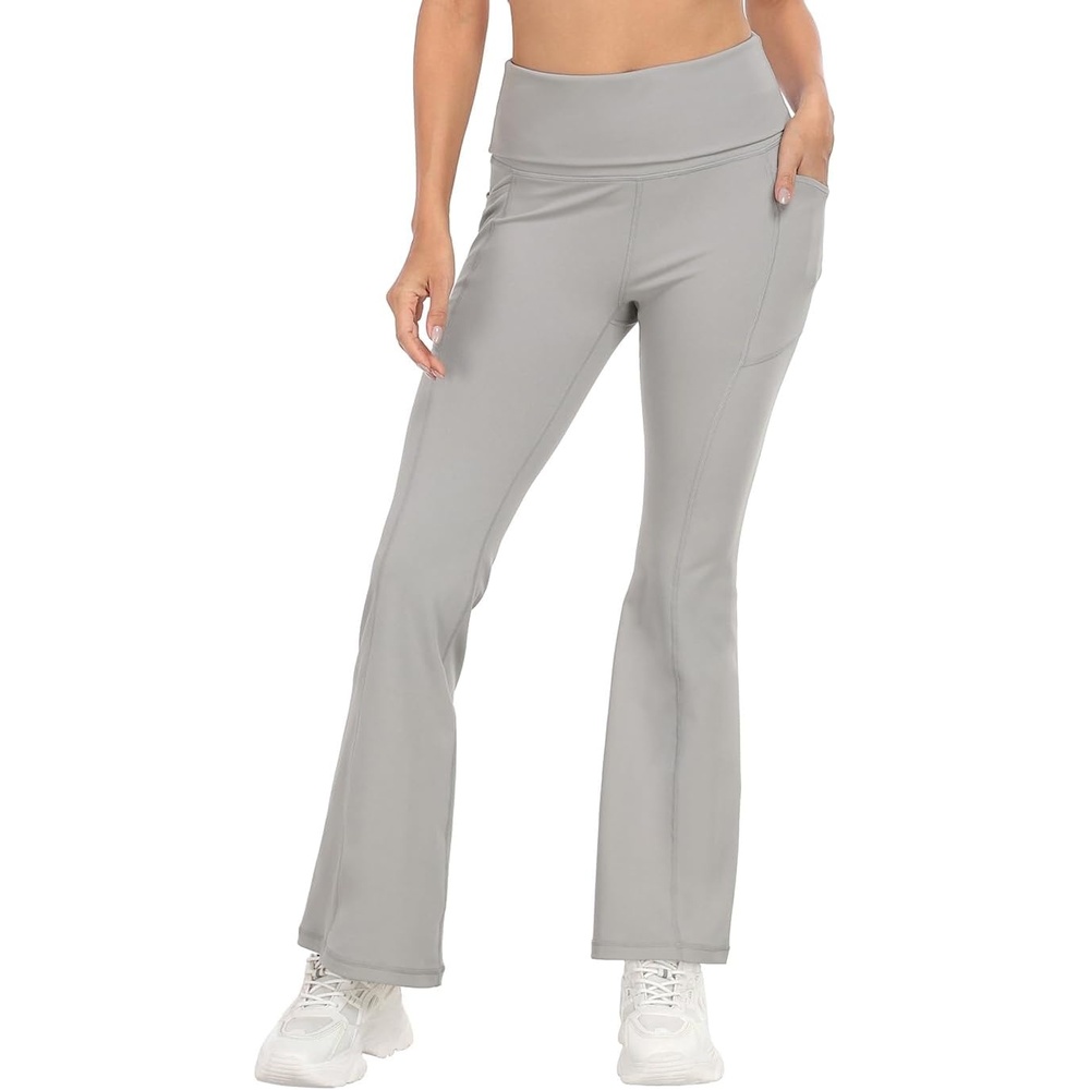 image:imageHDE Womens Fold Over Yoga Pants with Pockets High Waist Flare Workout LeggingsLight Gray