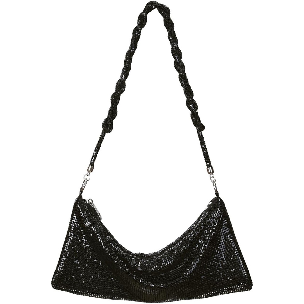 image:imageHDE Womens Metallic Mesh Sparkly Evening Bag Shiny Braid Knotted Shoulder Purse Mini Handbag Glitter Wedding Party ClutchBlack