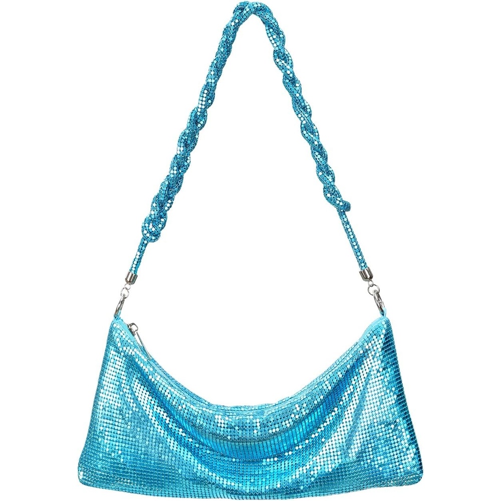 image:imageHDE Womens Metallic Mesh Sparkly Evening Bag Shiny Braid Knotted Shoulder Purse Mini Handbag Glitter Wedding Party ClutchBlue