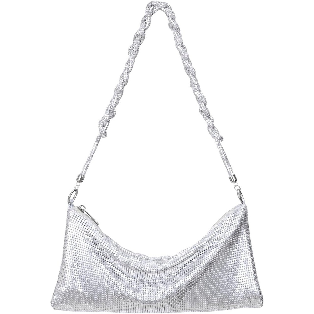 image:imageHDE Womens Metallic Mesh Sparkly Evening Bag Shiny Braid Knotted Shoulder Purse Mini Handbag Glitter Wedding Party ClutchSilver
