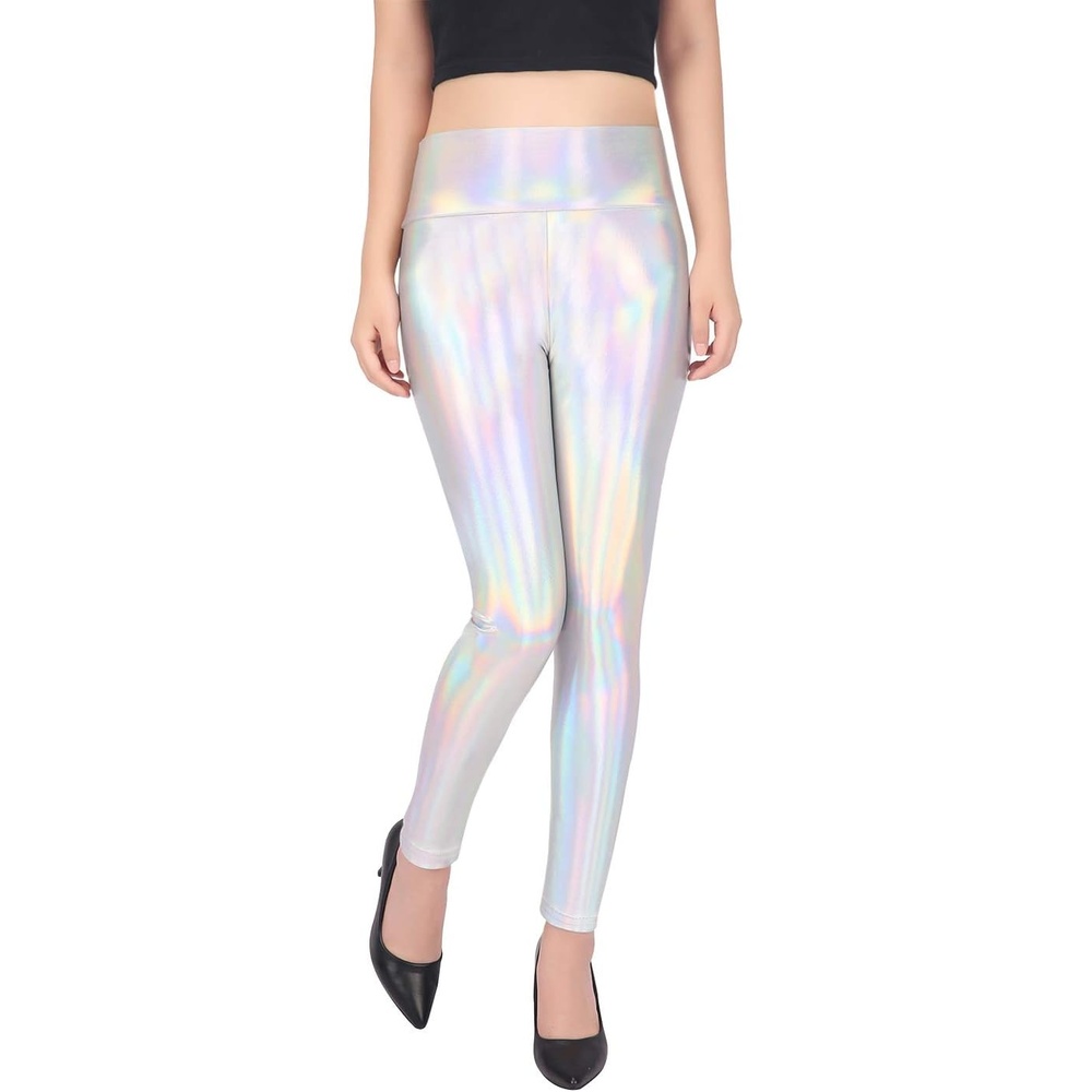 image:imageHDE Womens Shiny Leggings Liquid Pants Iridescent TightsHolographic