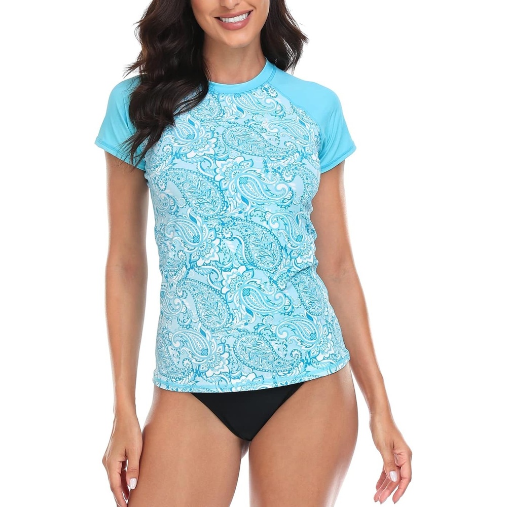 image:imageLRD Womens Short Sleeve Rash Guard Shirts UPF 50 Quick Dry Active Swim ShirtBeach Paisley