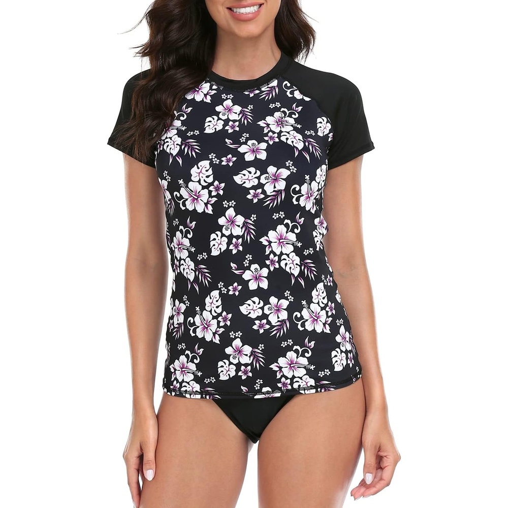 image:imageLRD Womens Short Sleeve Rash Guard Shirts UPF 50 Quick Dry Active Swim ShirtBlack Aloha