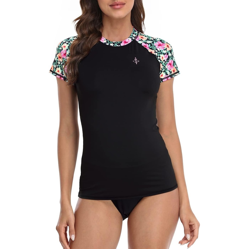 image:imageLRD Womens Short Sleeve Rash Guard Shirts UPF 50 Quick Dry Active Swim ShirtBlack Tropical