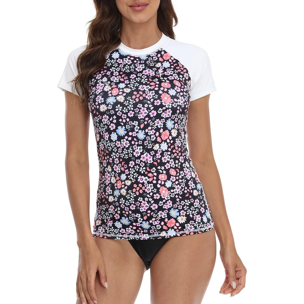 image:imageLRD Womens Short Sleeve Rash Guard Shirts UPF 50 Quick Dry Active Swim ShirtDark Ditsy Floral