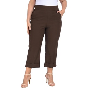 image:imageHDE Plus Size Pull On Capri Pants for Women with Pockets Elastic Waist Commuter Travel Casual Work Cropped Pants with CuffDark Brown