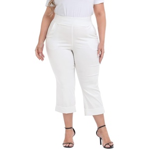 image:imageHDE Plus Size Pull On Capri Pants for Women with Pockets Elastic Waist Commuter Travel Casual Work Cropped Pants with CuffWhite