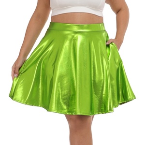 image:imageHDE Plus Size Shiny Skater Skirt High Waisted Pleated SkirtBright Green