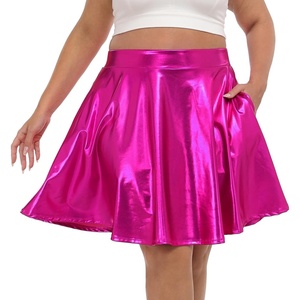image:imageHDE Plus Size Shiny Skater Skirt High Waisted Pleated SkirtHot Pink