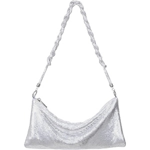 image:imageHDE Womens Metallic Mesh Sparkly Evening Bag Shiny Braid Knotted Shoulder Purse Mini Handbag Glitter Wedding Party ClutchSilver
