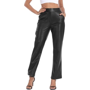 image:imageHDE Womens Pull On Faux Leather Kick Flare Pants High Waisted Pant with PocketsBlack