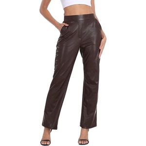 image:imageHDE Womens Pull On Faux Leather Kick Flare Pants High Waisted Pant with PocketsDark Brown