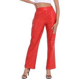 image:imageHDE Womens Pull On Faux Leather Kick Flare Pants High Waisted Pant with PocketsRed