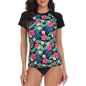 image:imageLRD Womens Short Sleeve Rash Guard Shirts UPF 50 Quick Dry Active Swim ShirtBlack Tropical Floral