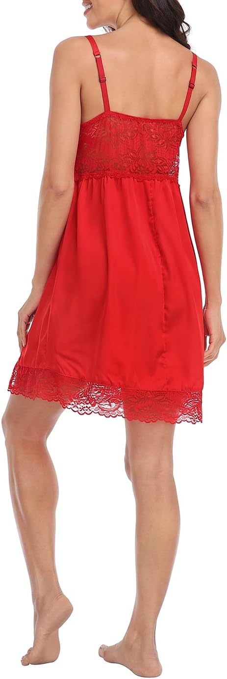 image:imageHDE Lace Trim Satin Slip Dress Babydoll Chemise Nightgown Slit Cami Sleep DressRed