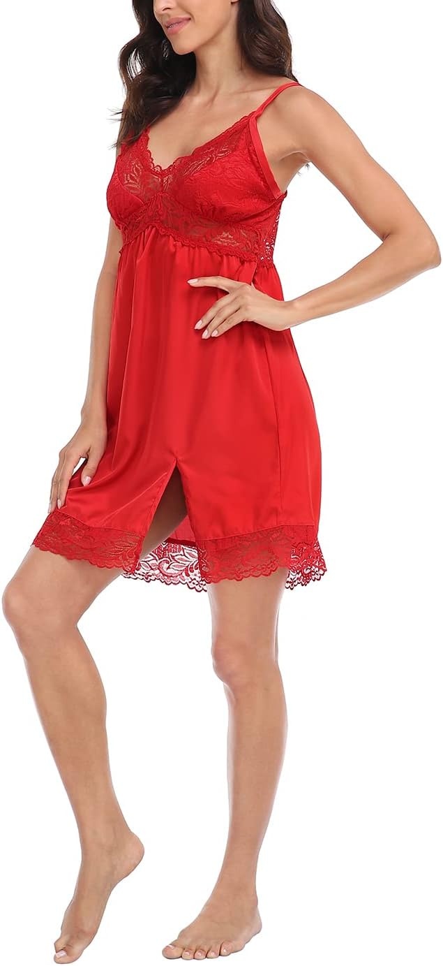 image:imageHDE Lace Trim Satin Slip Dress Babydoll Chemise Nightgown Slit Cami Sleep DressRed
