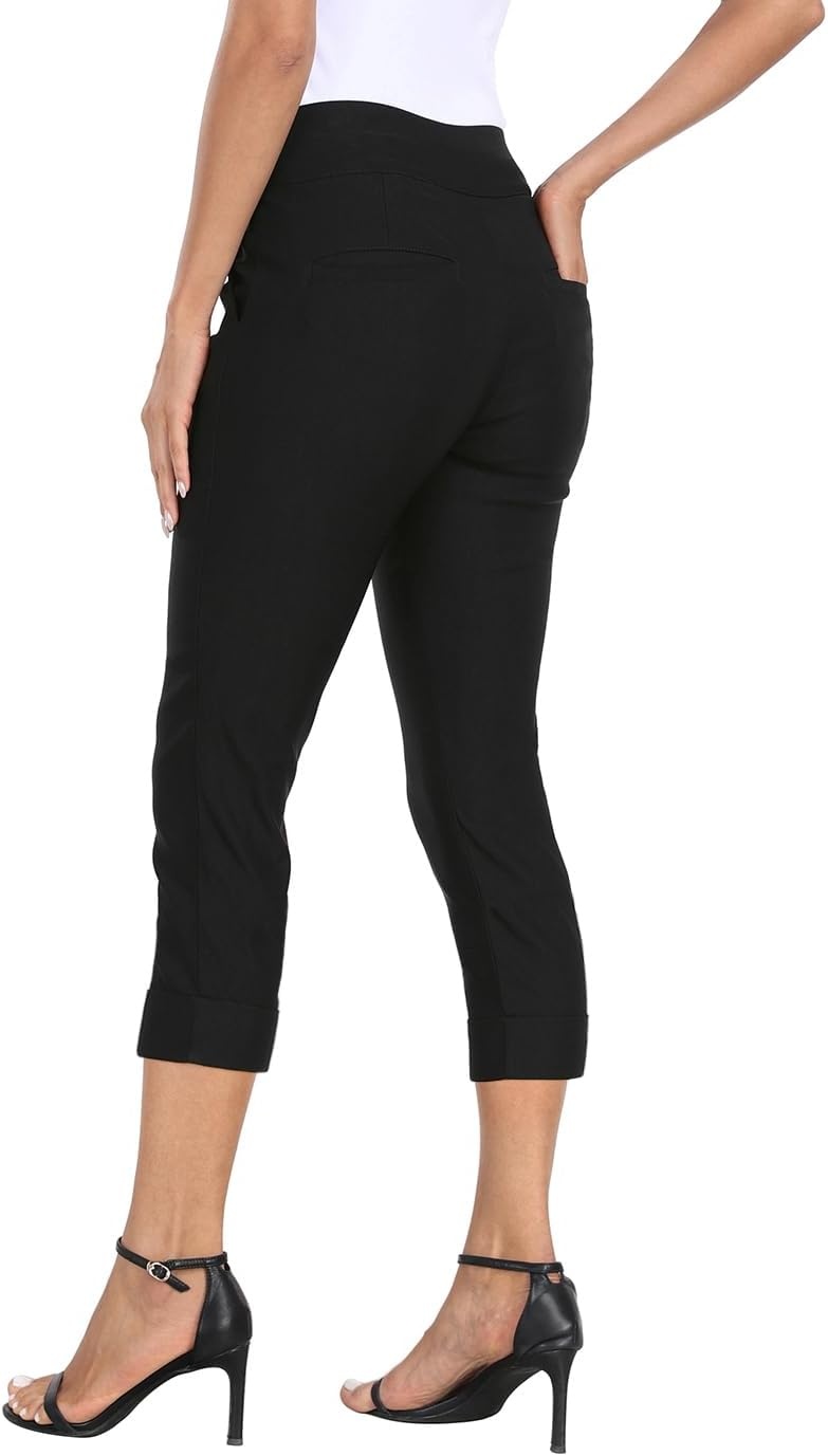 image:imageHDE Pull On Capri Pants for Women 21 Inseam Cropped Office Pants with PocketsBlack