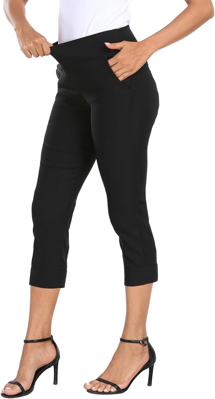 image:imageHDE Pull On Capri Pants for Women 21 Inseam Cropped Office Pants with PocketsBlack