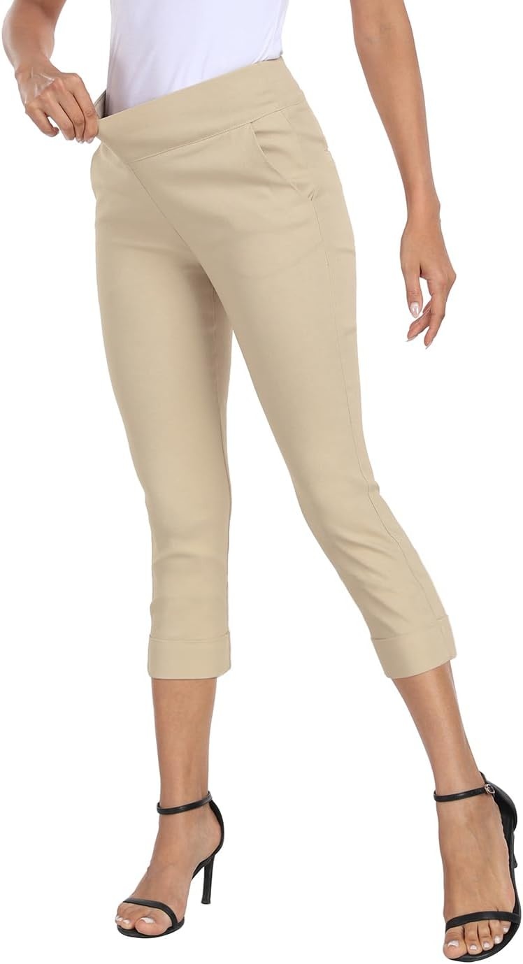 image:imageHDE Pull On Capri Pants for Women 21 Inseam Cropped Office Pants with PocketsKhaki