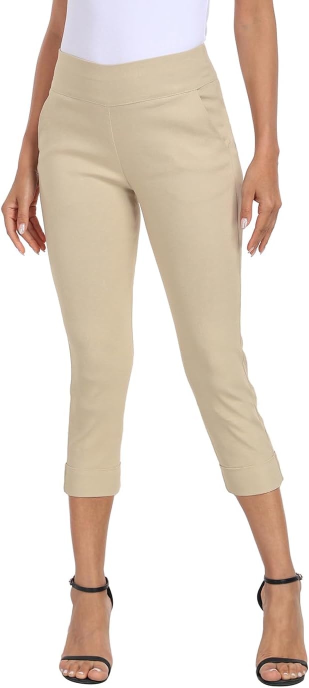 image:imageHDE Pull On Capri Pants for Women 21 Inseam Cropped Office Pants with PocketsKhaki