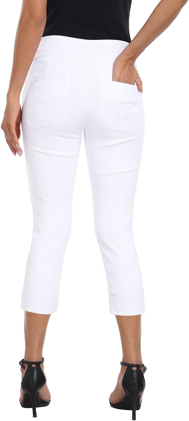 image:imageHDE Pull On Capri Pants for Women 21 Inseam Cropped Office Pants with PocketsWhite