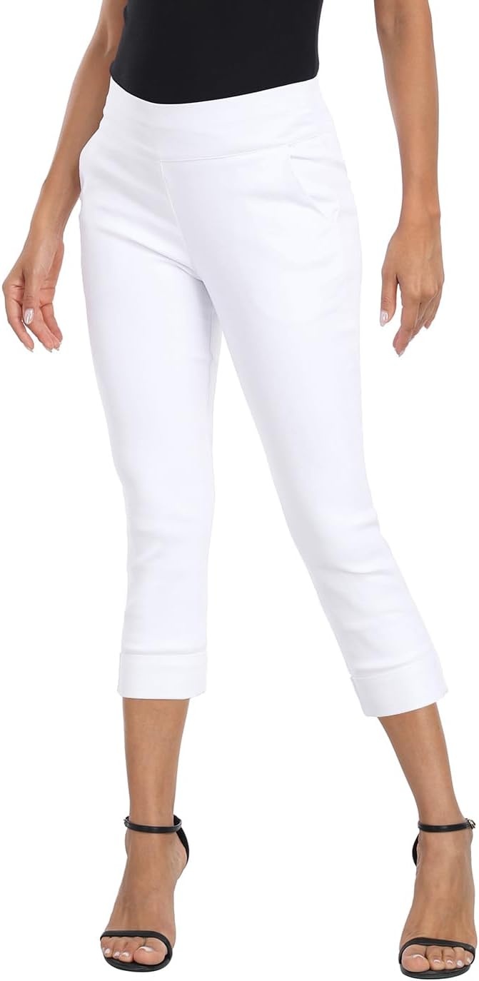 image:imageHDE Pull On Capri Pants for Women 21 Inseam Cropped Office Pants with PocketsWhite
