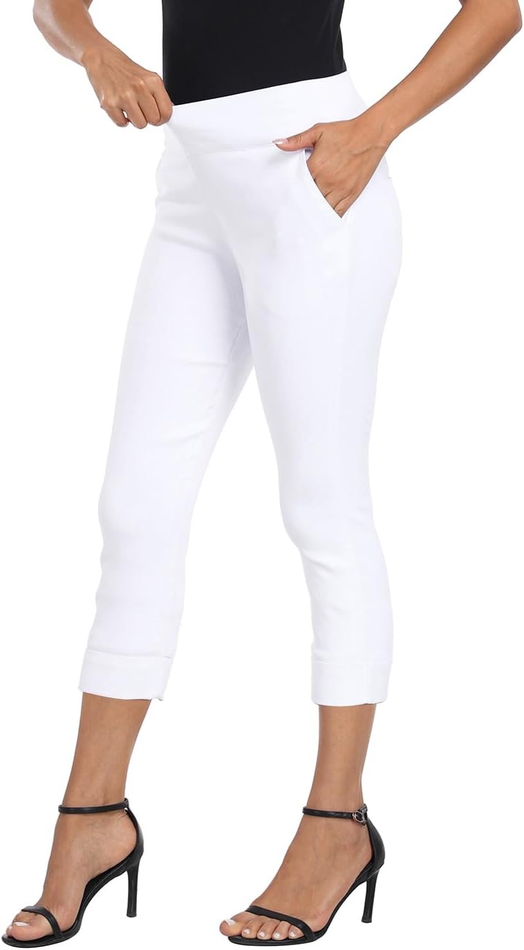 image:imageHDE Pull On Capri Pants for Women 21 Inseam Cropped Office Pants with PocketsWhite