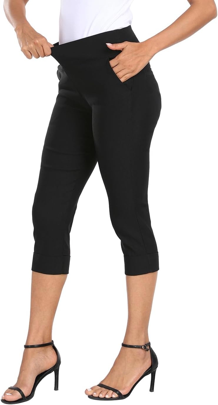 image:imageHDE Pull On Dressy Capri Pants for Women Mid Rise Stretch 19 Inseam Pedal Pushers with Pockets Casual Dressy Office CaprisBlack